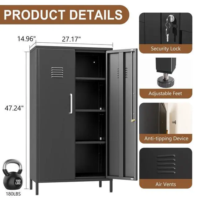 Alt view image 3 of 7 - 47.24" Black Lockable Small Metal Storage Locker | Employees Locker with 2 Doors & 2 Adjustable Shelves, Steel File Cabinet for Employees, Home, School, Office & Gym
