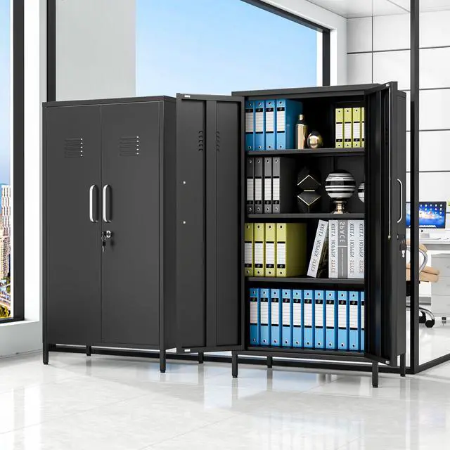 Alt view image 2 of 7 - 47.24" Black Lockable Small Metal Storage Locker | 2 Doors & 2 Adjustable Shelves, Steel File Cabinet for Employees, Home, School, Office & Gym