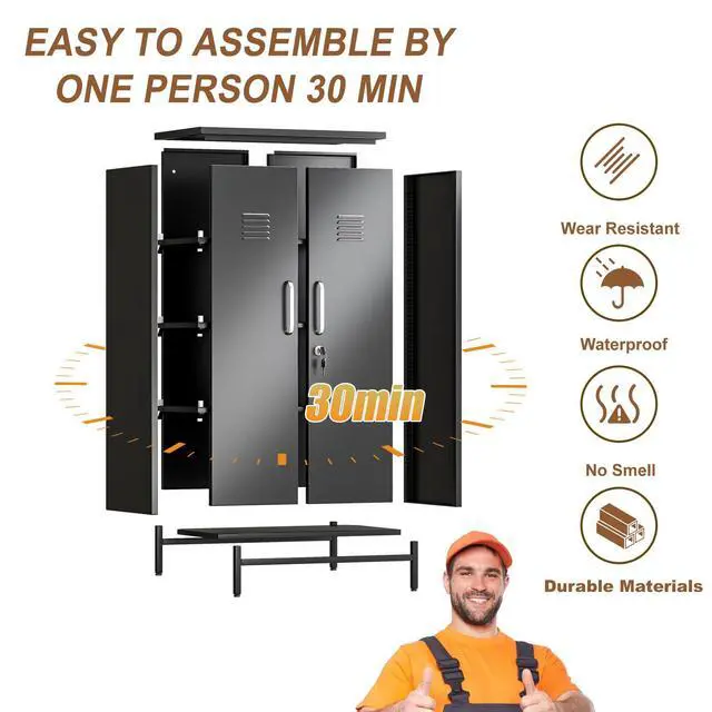Alt view image 6 of 7 - 47.24" Black Lockable Small Metal Storage Locker | Employees Locker with 2 Doors & 2 Adjustable Shelves, Steel File Cabinet for Employees, Home, School, Office & Gym