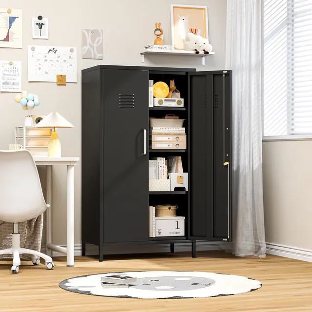 Alt view image 5 of 7 - 47.24" Black Lockable Small Metal Storage Locker | 2 Doors & 2 Adjustable Shelves, Steel File Cabinet for Employees, Home, School, Office & Gym