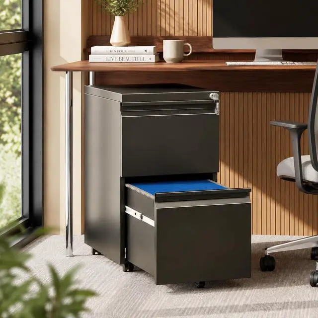 Alt view image 2 of 7 - Fully Assembled 2 Drawer Mobile File Cabinet with Lock | Under Desk Metal Filing Cabinet for Home Office, Rolling Storage for Letter/Legal/A4 Size