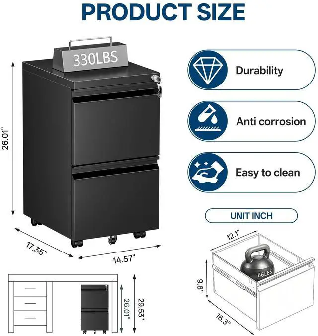 Alt view image 3 of 7 - Fully Assembled 2 Drawer Mobile File Cabinet with Lock | Under Desk Metal Filing Cabinet for Home Office, Rolling Storage for Letter/Legal/A4 Size