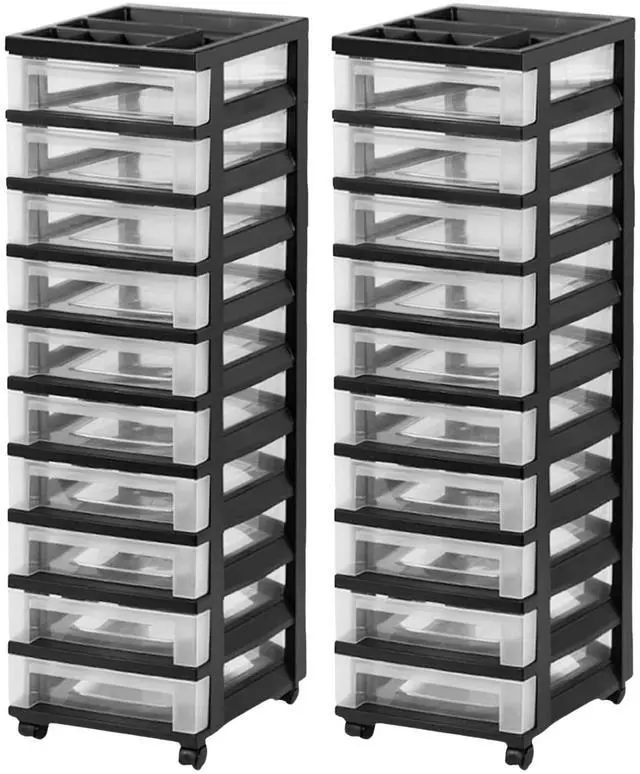 Main image of 2 Pack 10-Drawer Plastic Storage Rolling Organizer Cart with Caster Wheels for Laundry Room, Bathroom, or Closet Dresser Storage, Black/Clear