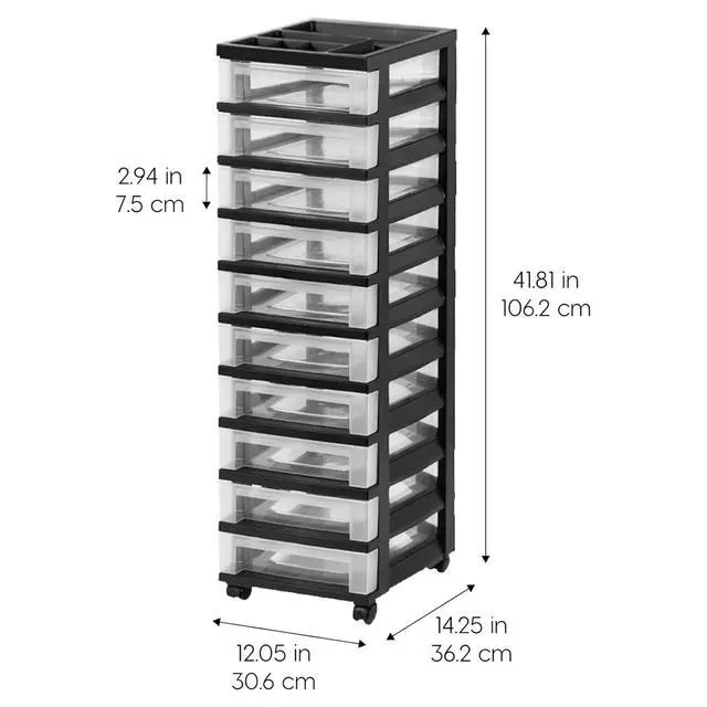 Alt view image 3 of 7 - 2 Pack 10-Drawer Plastic Storage Rolling Organizer Cart with Caster Wheels for Laundry Room, Bathroom, or Closet Dresser Storage, Black/Clear