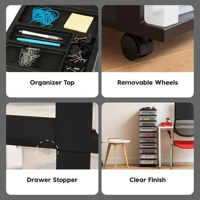 Alt view image 5 of 7 - 2 Pack 10-Drawer Plastic Storage Rolling Organizer Cart with Caster Wheels for Laundry Room, Bathroom, or Closet Dresser Storage, Black/Clear
