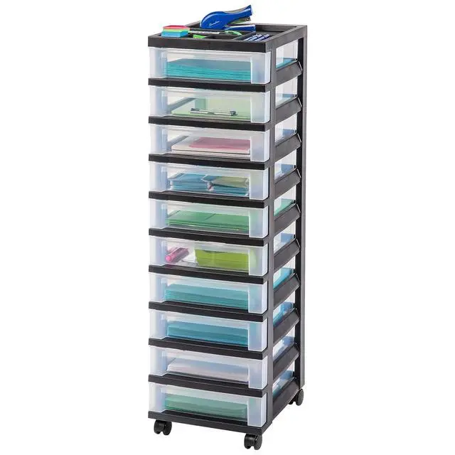 Alt view image 4 of 7 - 2 Pack 10-Drawer Plastic Storage Rolling Organizer Cart with Caster Wheels for Laundry Room, Bathroom, or Closet Dresser Storage, Black/Clear