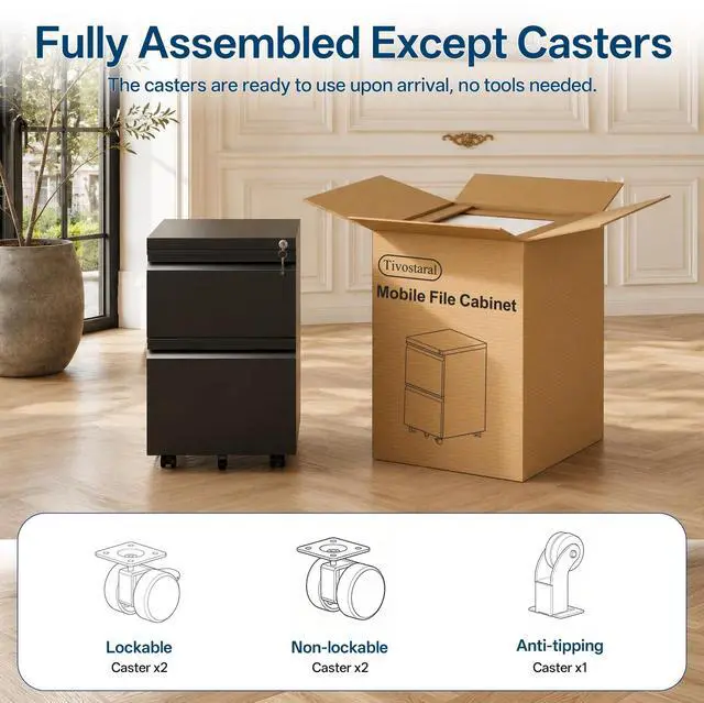 Alt view image 4 of 7 - Fully Assembled 2 Drawer Mobile File Cabinet with Lock | Under Desk Metal Filing Cabinet for Home Office, Rolling Storage for Letter/Legal/A4 Size