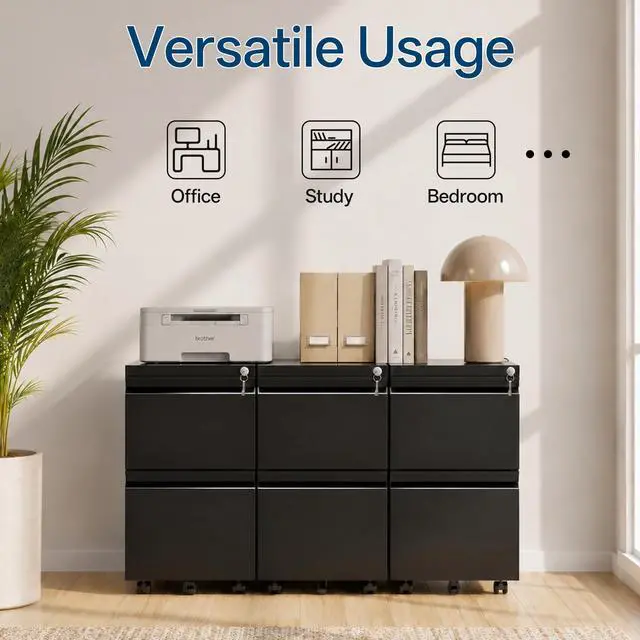 Alt view image 5 of 7 - Fully Assembled 2 Drawer Mobile File Cabinet with Lock | Under Desk Metal Filing Cabinet for Home Office, Rolling Storage for Letter/Legal/A4 Size