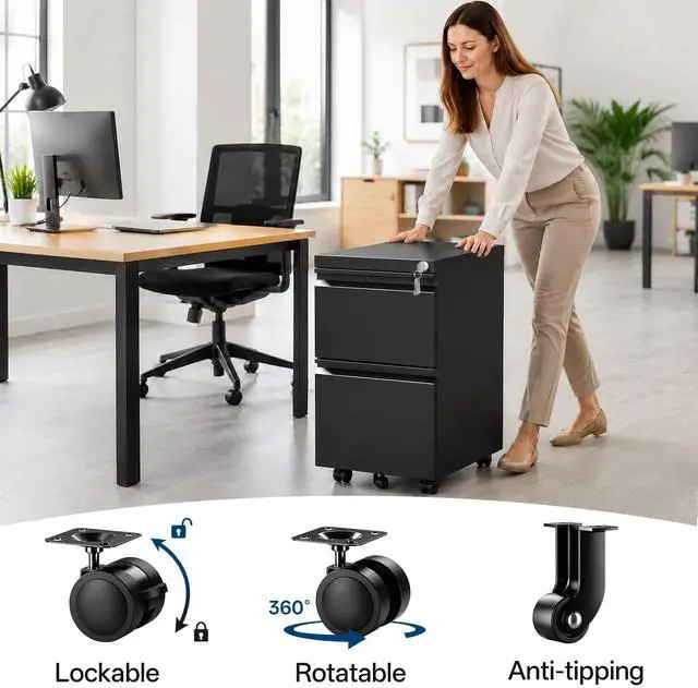 Alt view image 6 of 7 - Fully Assembled 2 Drawer Mobile File Cabinet with Lock | Under Desk Metal Filing Cabinet for Home Office, Rolling Storage for Letter/Legal/A4 Size