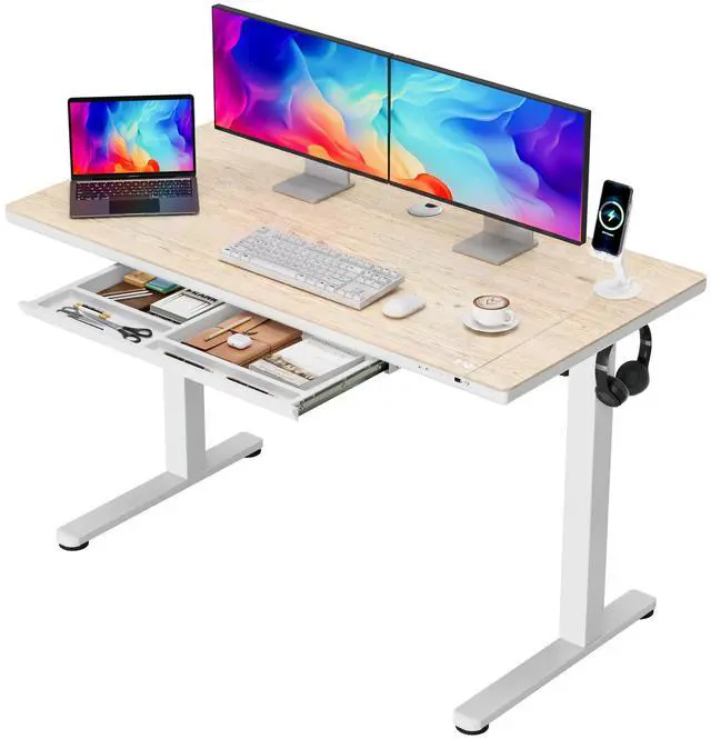 Main image of One-Piece Electric Standing Desk Height Adjustable Sit Stand Desk | with Drawers & USB Charging Port for Home Office Computer Desks (Bamboo Desktop, 48 Inch)