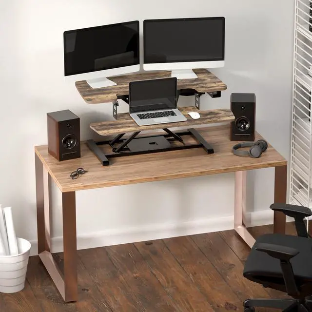 Alt view image 2 of 7 - 35" Electric Standing Desk Converter, Height Adjustable Motorized Desk Riser for Computer Monitors & Laptop Workstation, Rustic Color