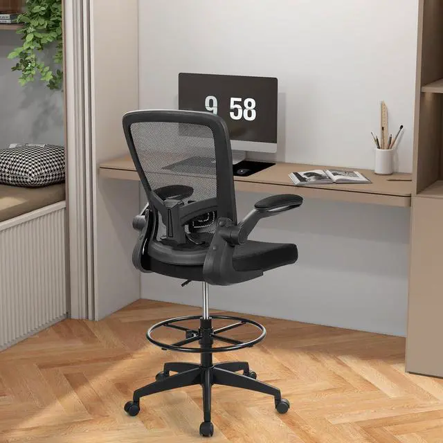 Alt view image 2 of 7 - Drafting Chair with Flip-up Armrests & Adjustable Foot Ring, 2 Pack | Breathable Mesh, Ergonomic Lumbar Support, Quiet & Smooth Rolling, for Standing Desk, Office, Home and Studio, Black