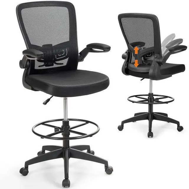 Main image of Drafting Chair with Flip-up Armrests & Adjustable Foot Ring, 2 Pack | Breathable Mesh, Ergonomic Lumbar Support, Quiet & Smooth Rolling, for Standing Desk, Office, Home and Studio, Black