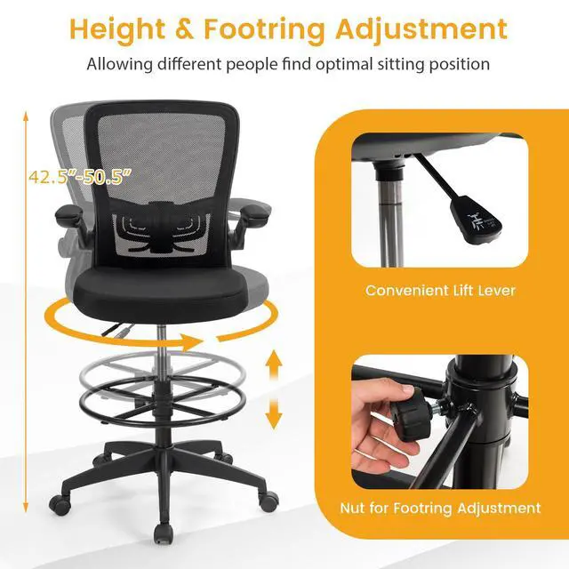 Alt view image 4 of 7 - Drafting Chair with Flip-up Armrests & Adjustable Foot Ring, 2 Pack | Breathable Mesh, Ergonomic Lumbar Support, Quiet & Smooth Rolling, for Standing Desk, Office, Home and Studio, Black