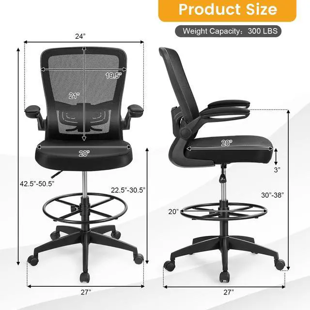 Alt view image 3 of 7 - Drafting Chair with Flip-up Armrests & Adjustable Foot Ring, 2 Pack | Breathable Mesh, Ergonomic Lumbar Support, Quiet & Smooth Rolling, for Standing Desk, Office, Home and Studio, Black