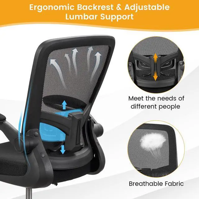 Alt view image 5 of 7 - Drafting Chair with Flip-up Armrests & Adjustable Foot Ring, 2 Pack | Breathable Mesh, Ergonomic Lumbar Support, Quiet & Smooth Rolling, for Standing Desk, Office, Home and Studio, Black