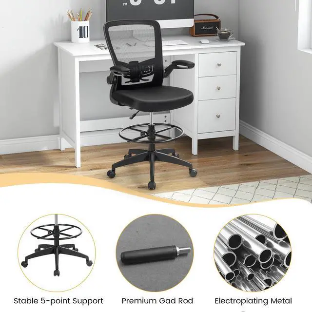 Alt view image 7 of 7 - Drafting Chair with Flip-up Armrests & Adjustable Foot Ring, 2 Pack | Breathable Mesh, Ergonomic Lumbar Support, Quiet & Smooth Rolling, for Standing Desk, Office, Home and Studio, Black