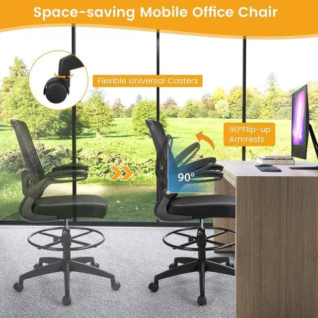 Alt view image 6 of 7 - Drafting Chair with Flip-up Armrests & Adjustable Foot Ring, 2 Pack | Breathable Mesh, Ergonomic Lumbar Support, Quiet & Smooth Rolling, for Standing Desk, Office, Home and Studio, Black