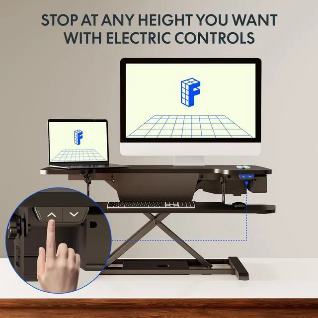 Alt view image 5 of 7 - 35 inch Electric Standing Desk Converter, Motorized Stand up Desk Riser, Monitor and Laptop Workstation with Wide Keyboard Tray, Black