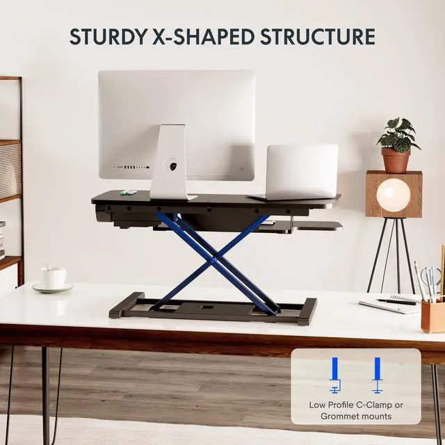 Alt view image 7 of 7 - 35 inch Electric Standing Desk Converter, Motorized Stand up Desk Riser, Monitor and Laptop Workstation with Wide Keyboard Tray, Black