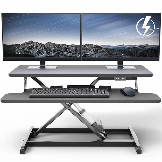 Main image of 32 inch Electric Motor Desk Converter, Height Adjustable Riser, Sit to Stand Dual Monitor and Laptop Workstation with Wide Keyboard Tray, Black, DESK-VE32B