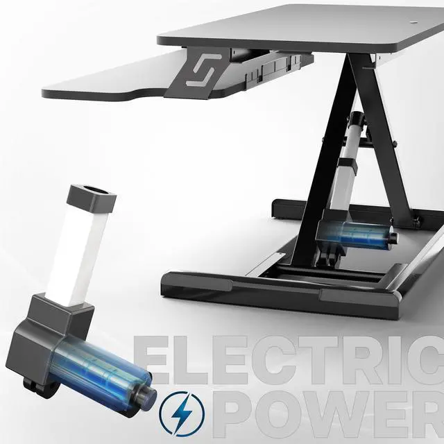 Alt view image 4 of 7 - 32 inch Electric Motor Desk Converter, Height Adjustable Riser, Sit to Stand Dual Monitor and Laptop Workstation with Wide Keyboard Tray, Black, DESK-VE32B