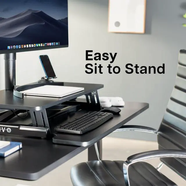 Alt view image 5 of 7 - 32 inch Electric Motor Desk Converter, Height Adjustable Riser, Sit to Stand Dual Monitor and Laptop Workstation with Wide Keyboard Tray, Black, DESK-VE32B