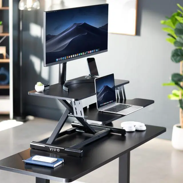 Alt view image 3 of 7 - 32 inch Electric Motor Desk Converter, Height Adjustable Riser, Sit to Stand Dual Monitor and Laptop Workstation with Wide Keyboard Tray, Black, DESK-VE32B