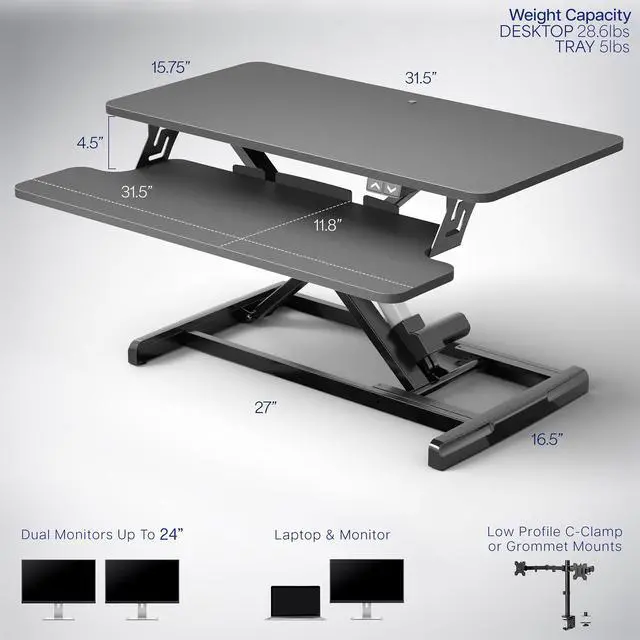 Alt view image 2 of 7 - 32 inch Electric Motor Desk Converter, Height Adjustable Riser, Sit to Stand Dual Monitor and Laptop Workstation with Wide Keyboard Tray, Black, DESK-VE32B