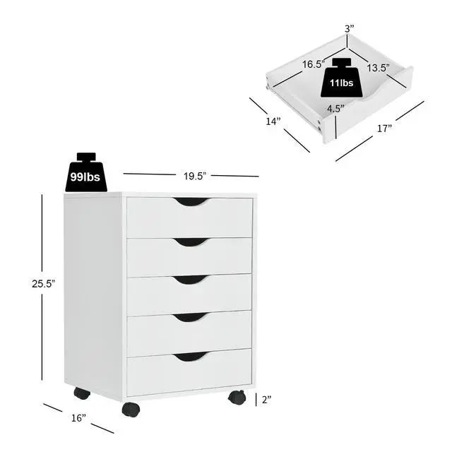 Alt view image 3 of 7 - 5-Drawer Vertical File Cabinet, Mobile Office Storage Cabinet with Drawers, Large Capacity, 2 Lockable Casters and Universal Wheels, Under Desk Side Printer Stand Rolling File Cabinet (White)