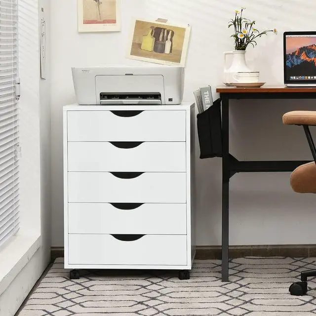 Alt view image 2 of 7 - 5-Drawer Vertical File Cabinet, Mobile Office Storage Cabinet with Drawers, Large Capacity, 2 Lockable Casters and Universal Wheels, Under Desk Side Printer Stand Rolling File Cabinet (White)