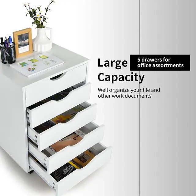 Alt view image 5 of 7 - 5-Drawer Vertical File Cabinet, Mobile Office Storage Cabinet with Drawers, Large Capacity, 2 Lockable Casters and Universal Wheels, Under Desk Side Printer Stand Rolling File Cabinet (White)