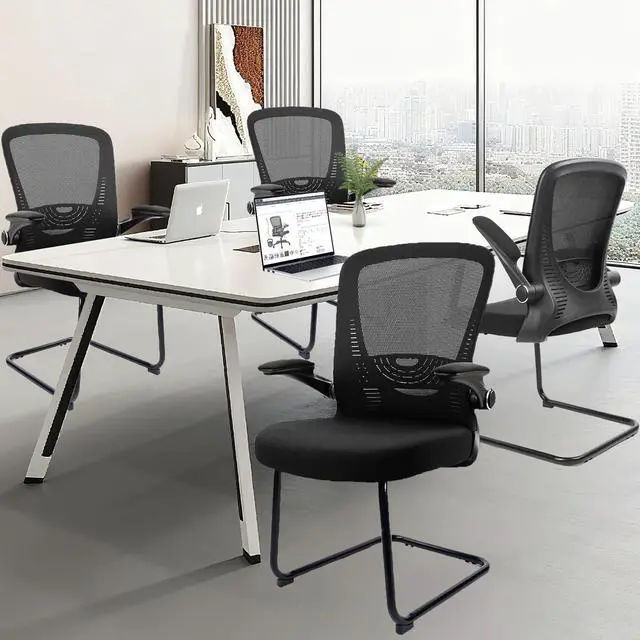 Alt view image 2 of 7 - Office Guest Chair no Wheels with Lumbar Support and Flip-up Armrest Mid Back Mesh Space Air Grid Series Sled Base for Reception Conference Room Black Set of 4