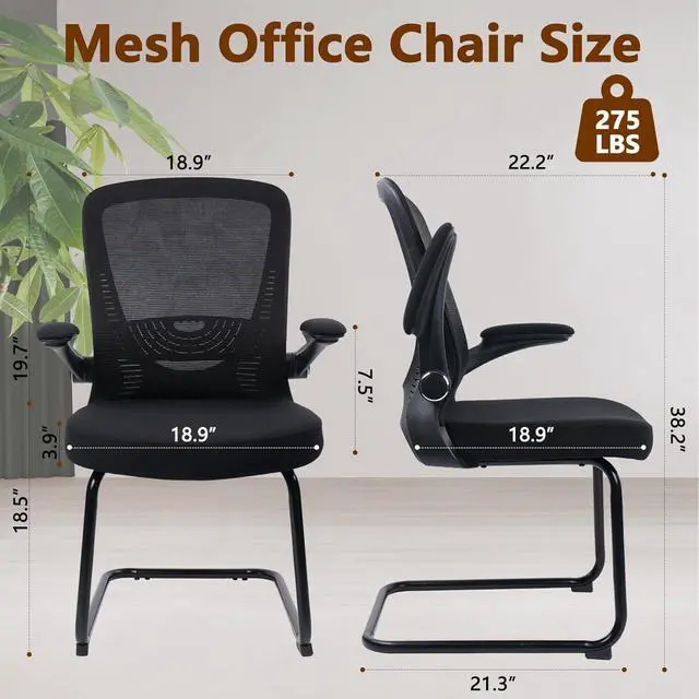 Alt view image 3 of 7 - Office Guest Chair no Wheels with Lumbar Support and Flip-up Armrest Mid Back Mesh Space Air Grid Series Sled Base for Reception Conference Room Black Set of 4