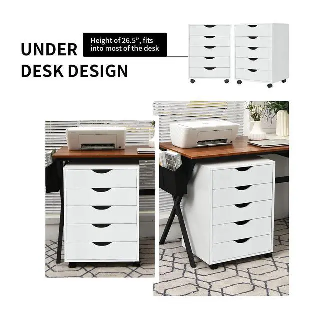 Alt view image 7 of 7 - 5-Drawer Vertical File Cabinet, Mobile Office Storage Cabinet with Drawers, Large Capacity, 2 Lockable Casters and Universal Wheels, Under Desk Side Printer Stand Rolling File Cabinet (White)