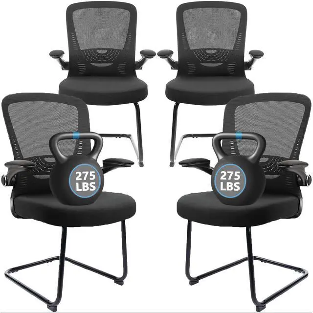 Main image of Office Guest Chair no Wheels with Lumbar Support and Flip-up Armrest Mid Back Mesh Space Air Grid Series Sled Base for Reception Conference Room Black Set of 4