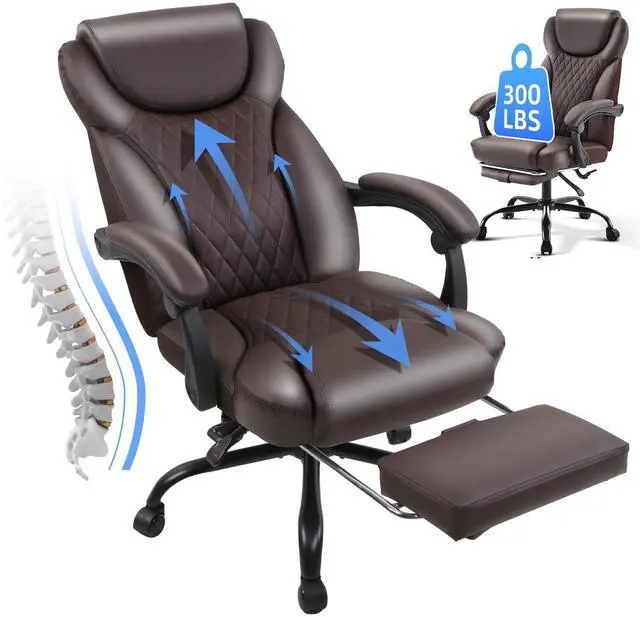 Main image of Big and Tall Office Chair with Footrest, Lumbar Support, Brown | Ergonomic Leather High Back, Infinite Lock Reclining 90°-135°, 20 Spring Packs, 300lbs Capacity, Executive Desk Chair