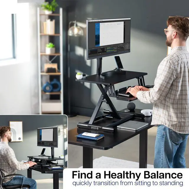Alt view image 7 of 7 - 32 inch Electric Motor Desk Converter, Height Adjustable Riser, Sit to Stand Dual Monitor and Laptop Workstation with Wide Keyboard Tray, Black, DESK-VE32B