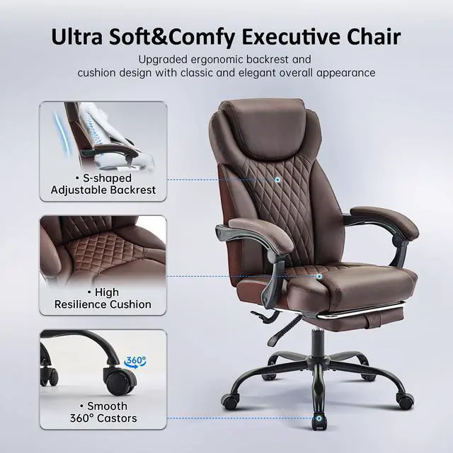 Alt view image 5 of 7 - Big and Tall Office Chair with Footrest, Lumbar Support, Brown | Ergonomic Leather High Back, Infinite Lock Reclining 90°-135°, 20 Spring Packs, 300lbs Capacity, Executive Desk Chair