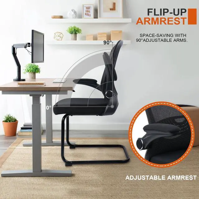 Alt view image 4 of 7 - Office Guest Chair no Wheels with Lumbar Support and Flip-up Armrest Mid Back Mesh Space Air Grid Series Sled Base for Reception Conference Room Black Set of 4