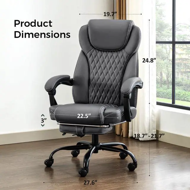 Alt view image 2 of 7 - Big and Tall Office Chair with Footrest, Lumbar Support, Grey | Ergonomic Leather High Back, Infinite Lock Reclining 90°-135°, 20 Spring Packs, 300lbs Capacity, Executive Desk Chair