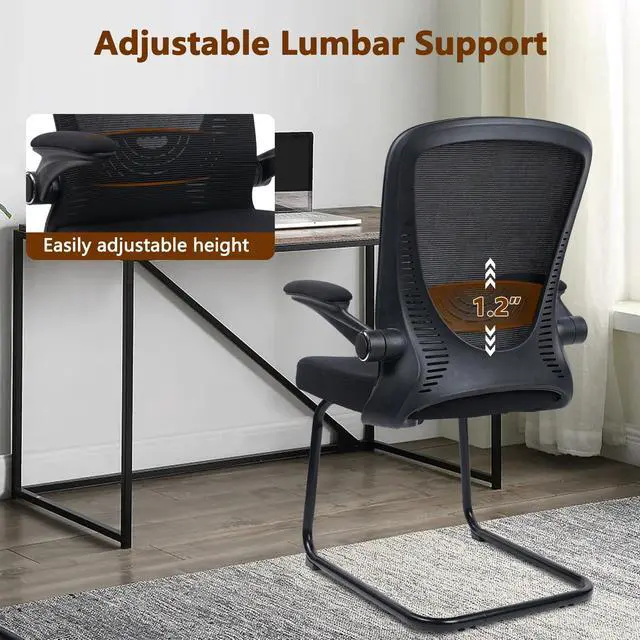 Alt view image 6 of 7 - Office Guest Chair no Wheels with Lumbar Support and Flip-up Armrest Mid Back Mesh Space Air Grid Series Sled Base for Reception Conference Room Black Set of 4