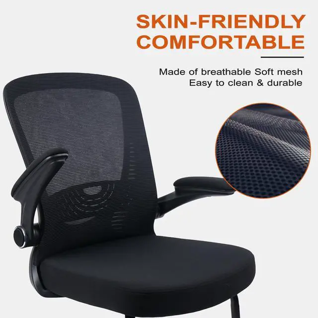 Alt view image 7 of 7 - Office Guest Chair no Wheels with Lumbar Support and Flip-up Armrest Mid Back Mesh Space Air Grid Series Sled Base for Reception Conference Room Black Set of 4