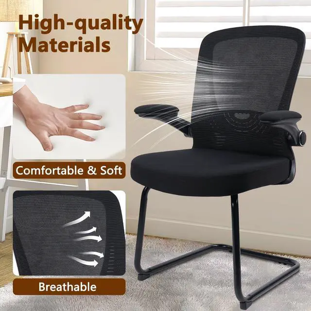 Alt view image 5 of 7 - Office Guest Chair no Wheels with Lumbar Support and Flip-up Armrest Mid Back Mesh Space Air Grid Series Sled Base for Reception Conference Room Black Set of 4