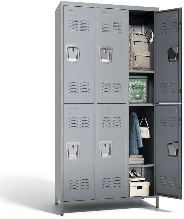 Main image of 6-Door Lockers for Employees, Metal Storage Cabinet | Heavy-duty steel, lockable, shelves & hooks, ventilated, card slot included, fits home/office/school/gym, easy assembly