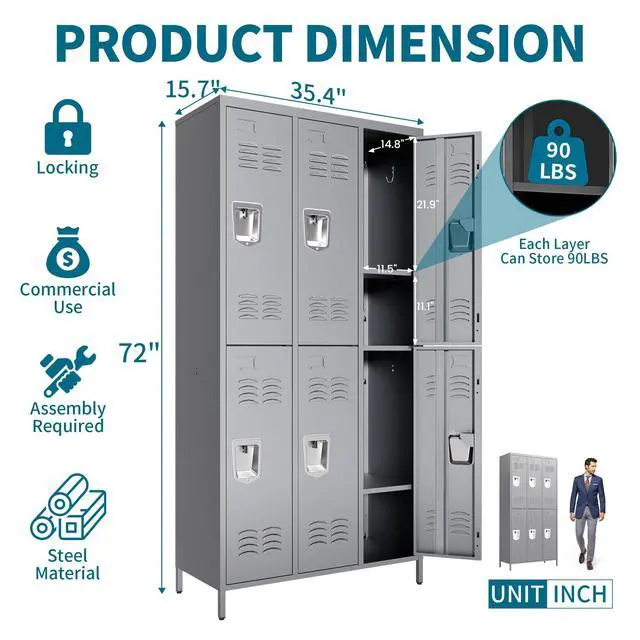 Alt view image 3 of 6 - 6-Door Lockers for Employees, Metal Storage Cabinet | Heavy-duty steel, lockable, shelves & hooks, ventilated, card slot included, fits home/office/school/gym, easy assembly