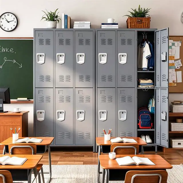 Alt view image 2 of 6 - 6-Door Lockers for Employees, Metal Storage Cabinet | Heavy-duty steel, lockable, shelves & hooks, ventilated, card slot included, fits home/office/school/gym, easy assembly