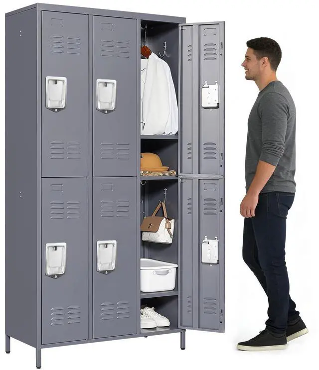 Main image of Upgraded 6-Door Lockers for Employees, Metal Storage Cabinet | Heavy-duty steel, lockable, shelves & hooks, ventilated, card slot included, fits home/office/school/gym, easy assembly