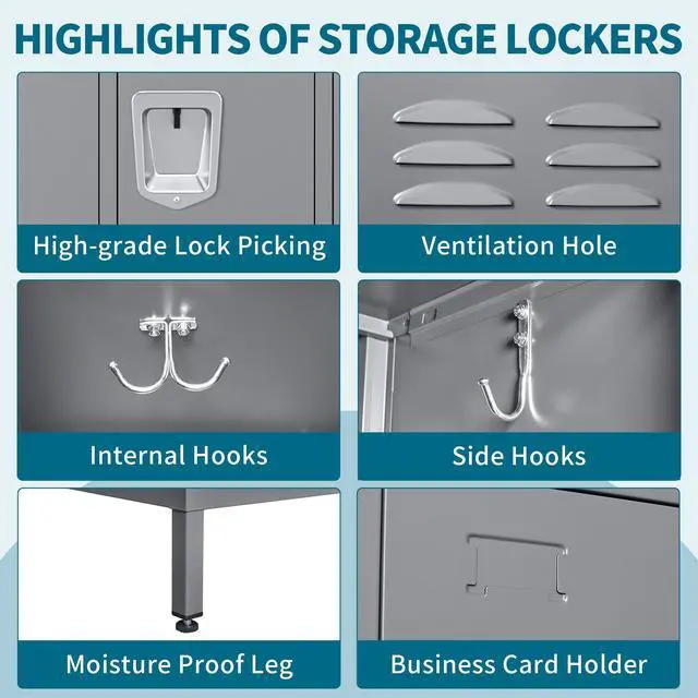 Alt view image 4 of 6 - 6-Door Lockers for Employees, Metal Storage Cabinet | Heavy-duty steel, lockable, shelves & hooks, ventilated, card slot included, fits home/office/school/gym, easy assembly