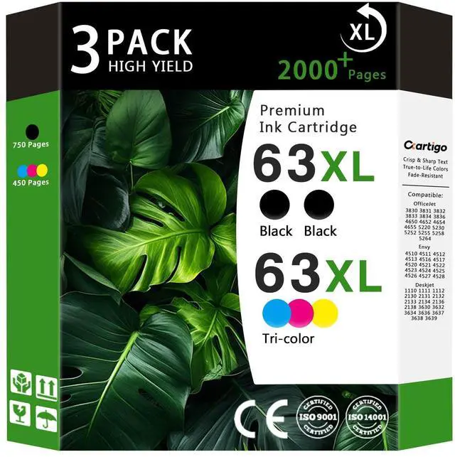 Main image of 63XL High Yield Ink Cartridges Combo Pack Compatible for HP 63XL 63 Replacement for HP Envy 4510 4511 4512 OfficeJet 3830 3831 3832 Deskjet 1110 1111 2130 Series Printers(2 Black/1 Tri-Color 3-Pack)